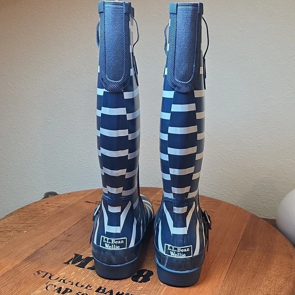 L.L. Bean Navy and White Nautical Striped Rain Boots Wellies Size 8